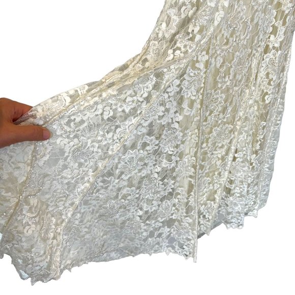 Vintage 90s Scala Cream Lace Sequin Long Sleeve Full Length Dress Small - Picture 4 of 12